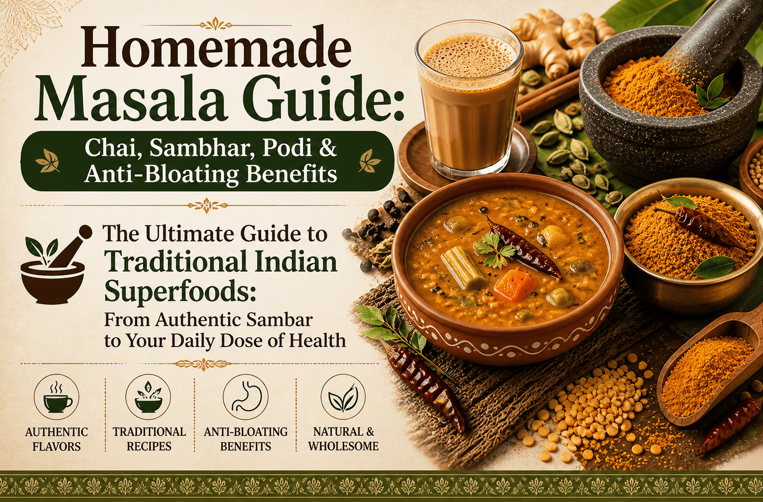 Homemade Masala Guide: Chai, Sambhar, Podi & Anti‑Bloating BenefitsThe Ultimate Guide to Traditional Indian Superfoods: From Authentic Sambar to Your Daily Dose of Health